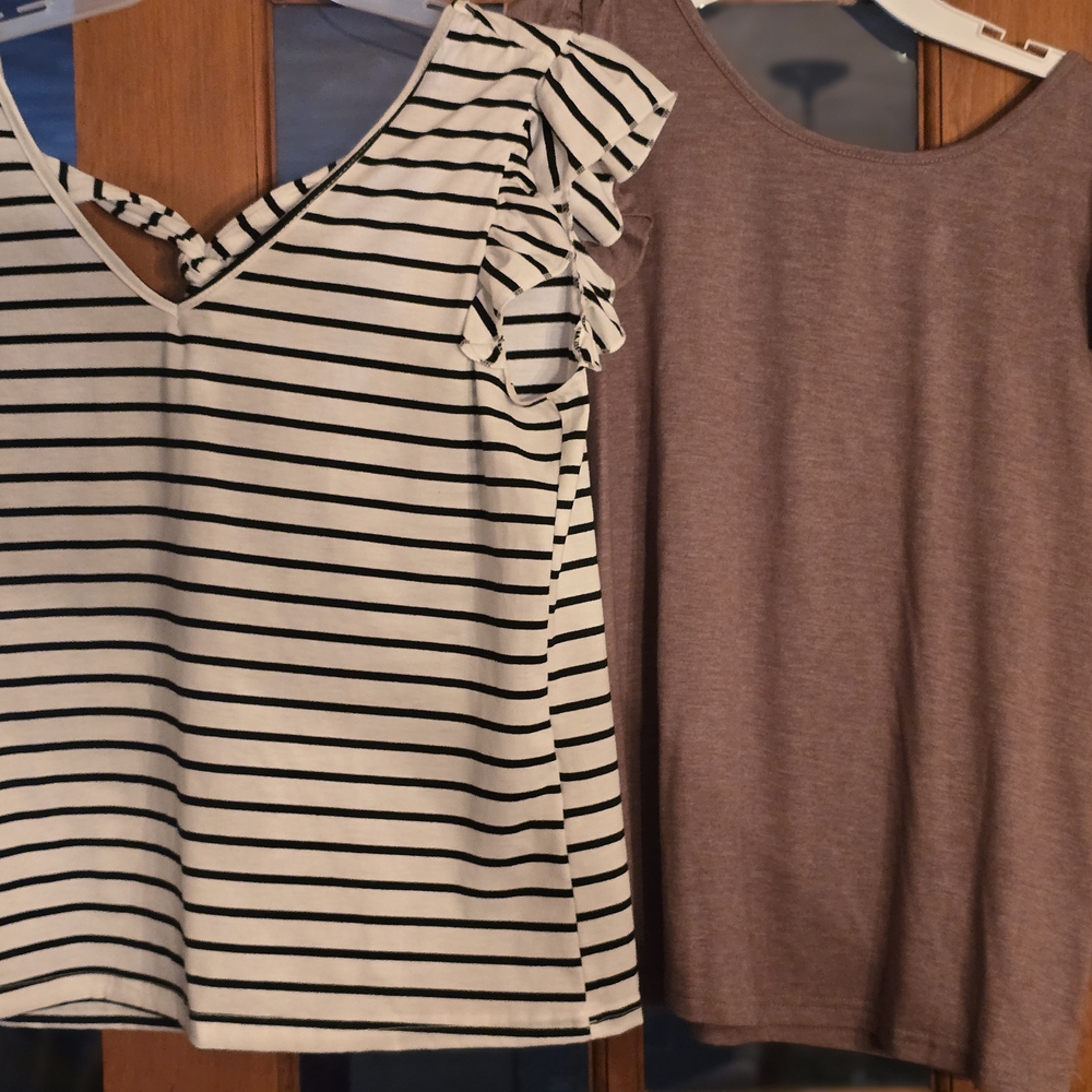 2 Shein Medium Ruffle Sleeve, Tie Back Tops. Striped Black and White And Tan